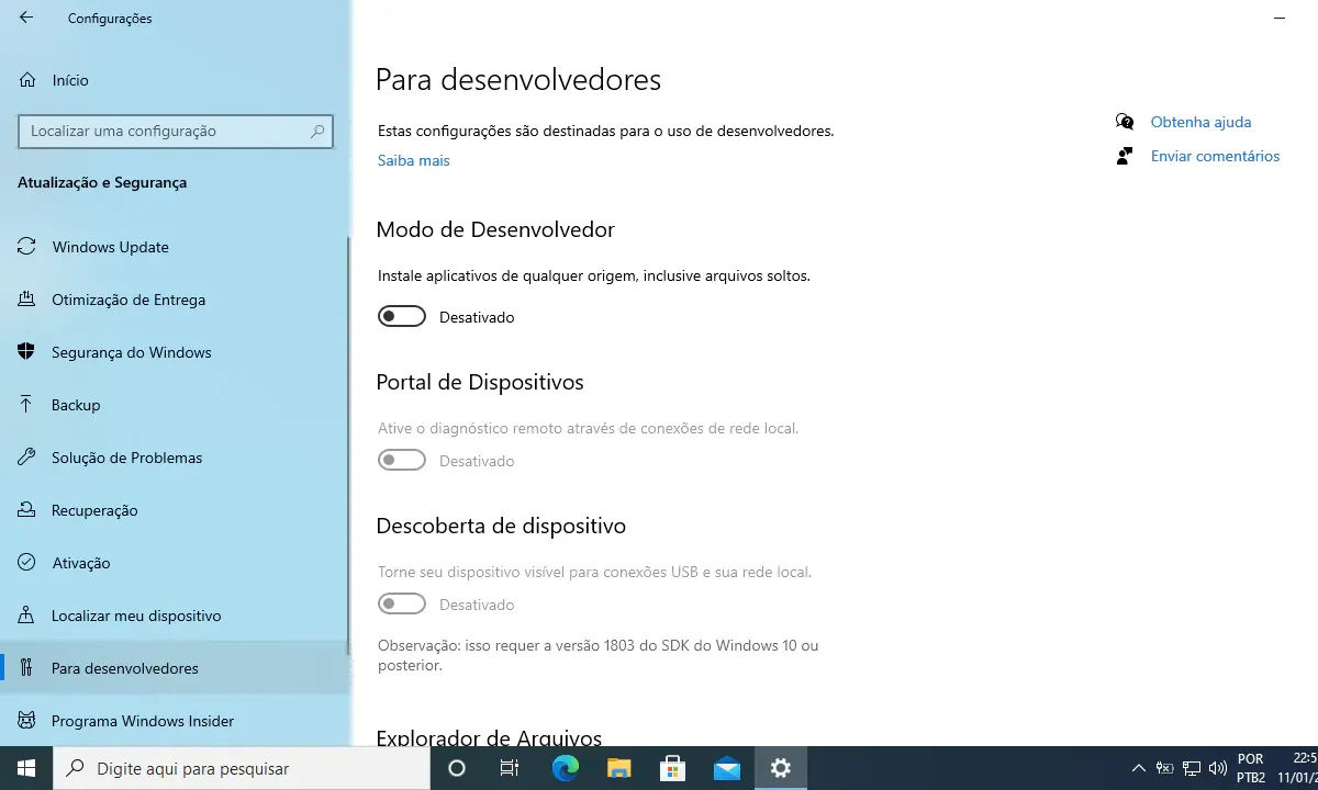 atualização e segurança aberto com um circulo vermelho em Para desenvolvedores
