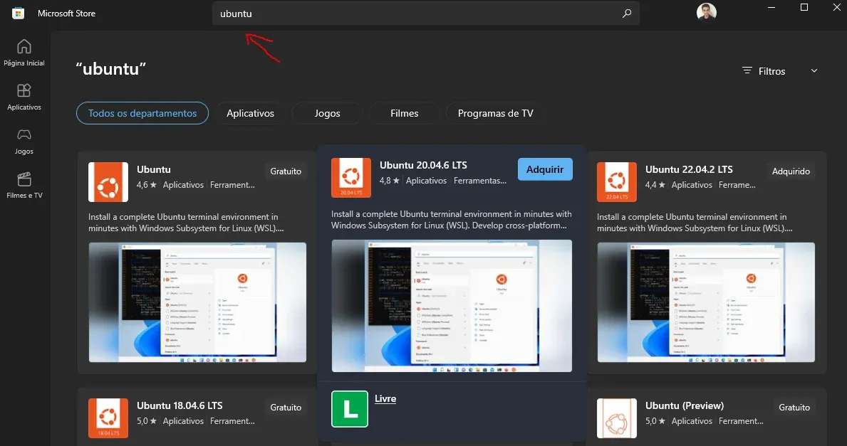 Pesquisando pelo Ubuntu na barra de pesquisa.