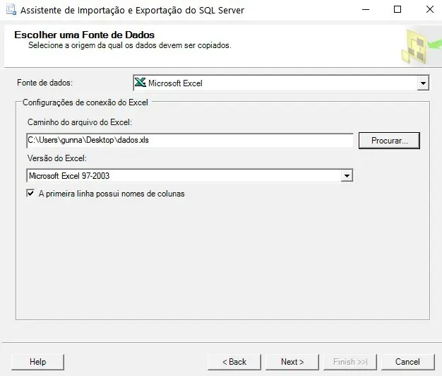 Fonte de dados na importação com SQL Server