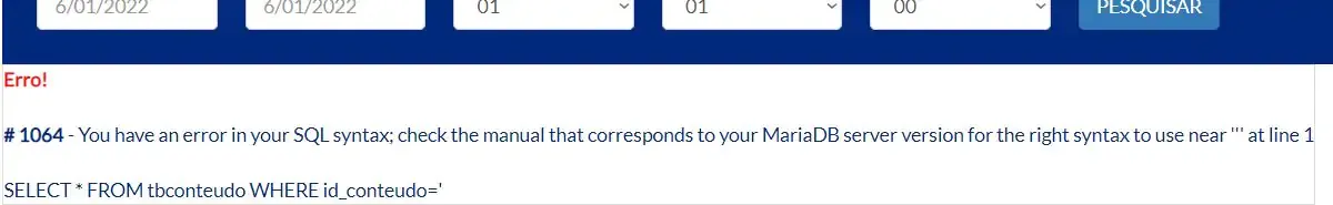 Configuração errada faz com que erros sejam exibidos.