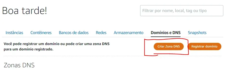 Criar zona de DNS através do painel Lightsail