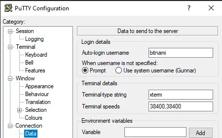 Inserindo usuário de login no PuTTY para acesso ao PHPMyAdmin