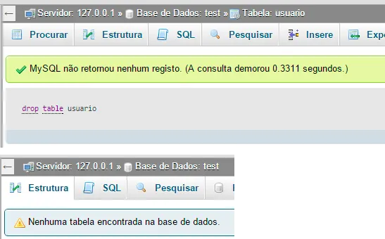 Deletando tabela com drop table no MySQL.