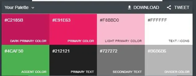 Material Palette, seleção das três cores para o projeto.