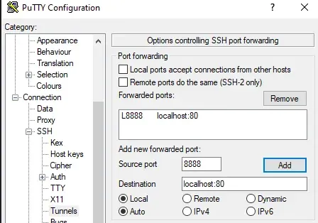 Inserindo endereço e porta de tunelamento no PuTTY