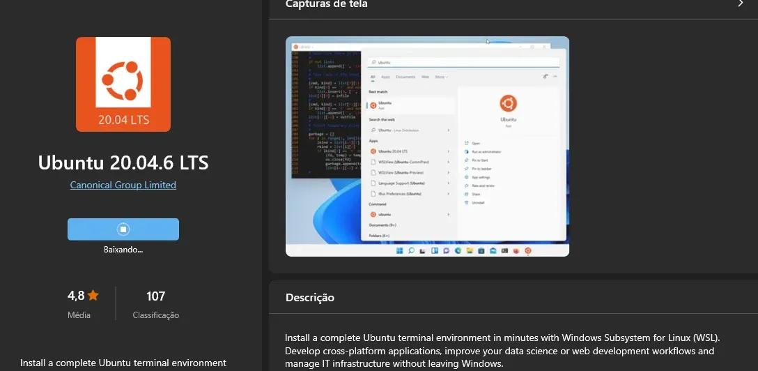 Adquirindo o Ubuntu pela loja da Microsoft.