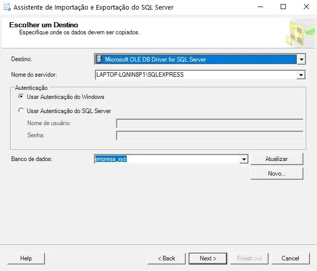Destino de publicação na importação com SQL Server