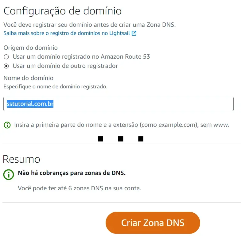 Inserindo um nome de domínio na AWS Lightsail