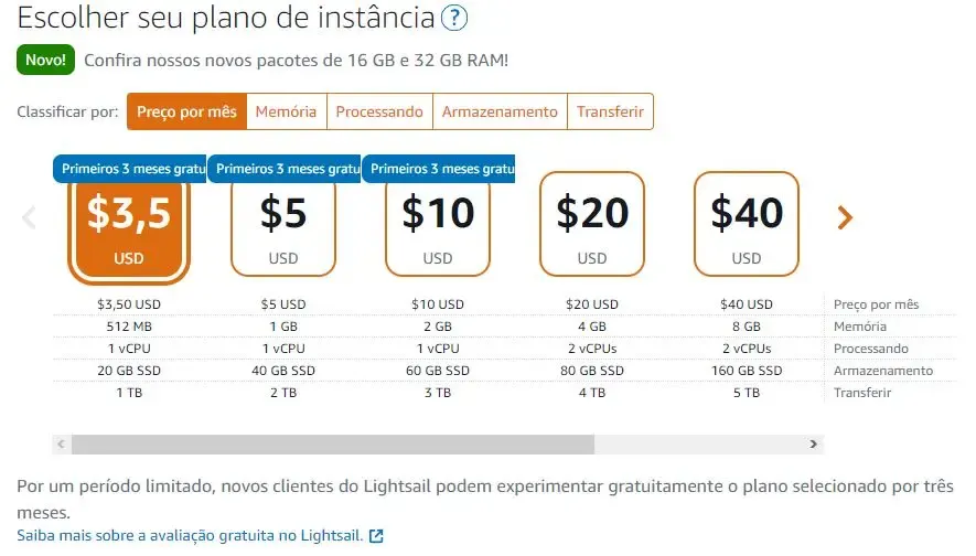 Preços e planos Lightsail