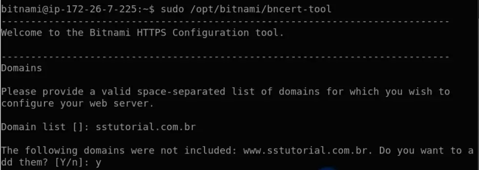 Adicionando domínio e subdominío WWW no bncert tool