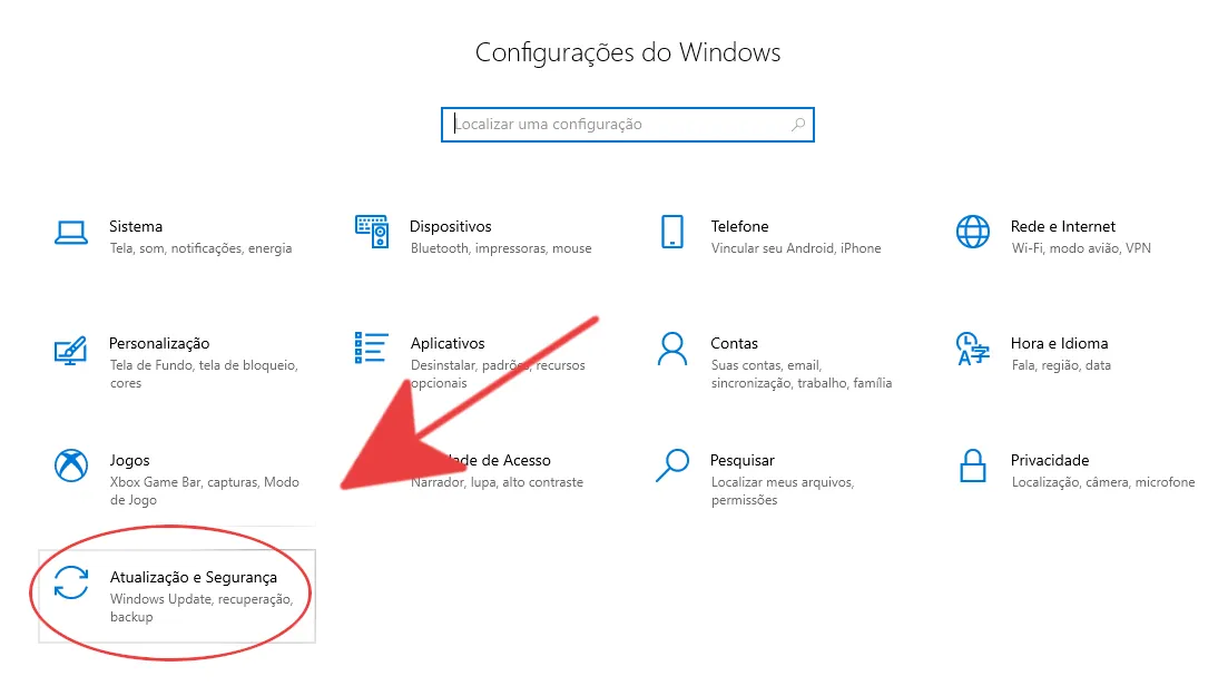 Menu configuração aberto com um circulo vermelho apontando para atualização e segurança
