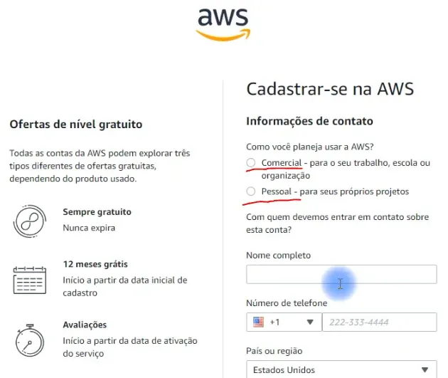Inserindo os dados pessoais e escolhendo o tipo de conta