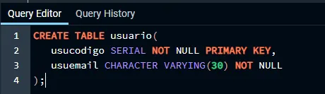 Comando PL/pgSQL para criação de uma tabela de usuário