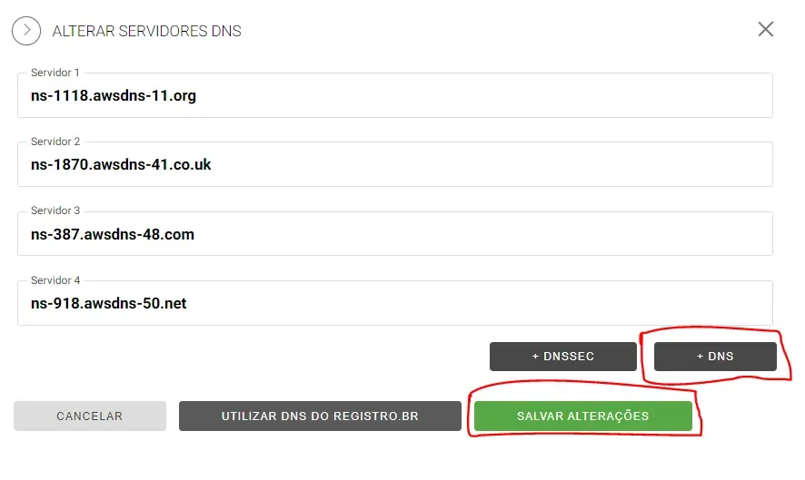 Configurando nomes de DNS da AWS Lightsail no Registro.br