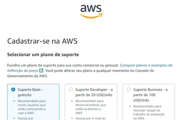 Definindo o tipo de suporte ao criar uma conta na AWS