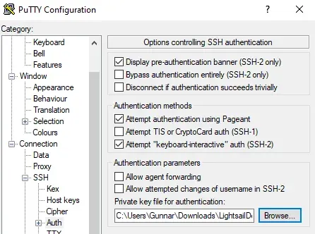 Inserindo a chave privada no PuTTY para acesso ao PHPMyAdmin