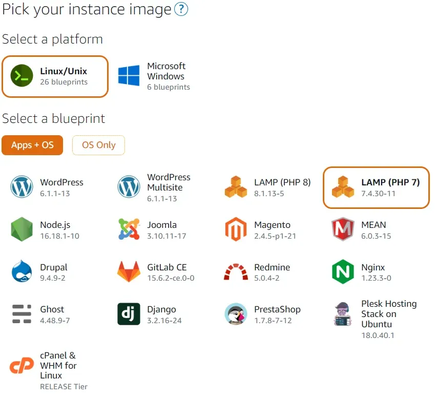 Imagens de instalação padrão na Amazon Lightsail