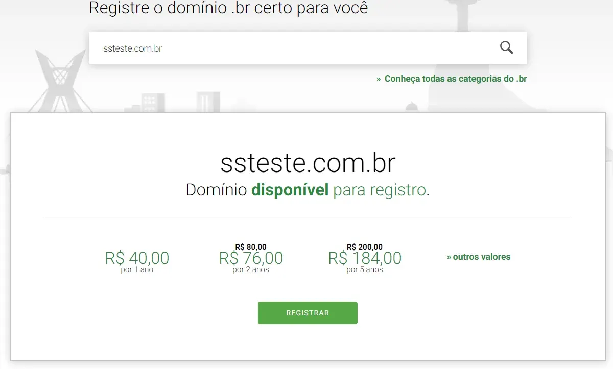 Preços disponíveis para registro de um domínio