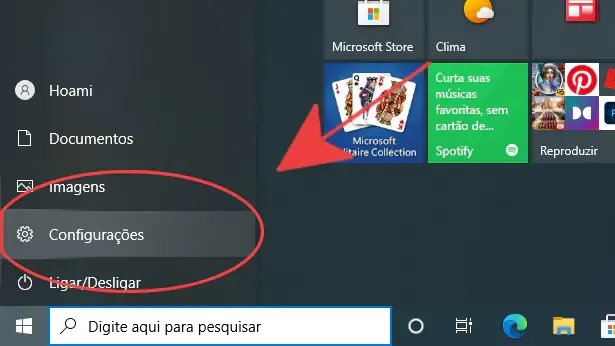 menu iniciar aberto seleção sobre a secção configurações