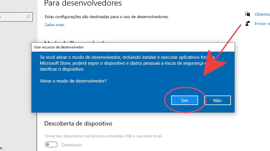 pop-up de recurso de desenvolvedor com seleção sobre o botão sim