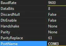 Ajustando o BoundRate e PortName no C#.