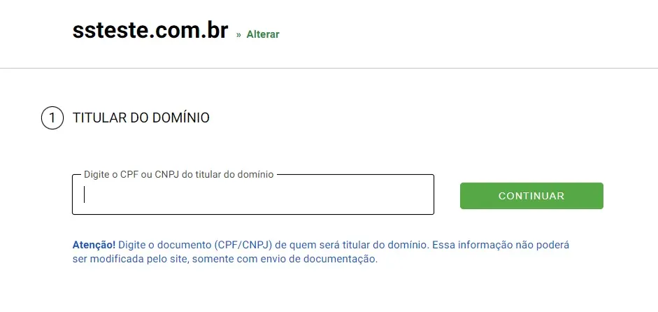 Inserindo os dados do titular para registro de domínio