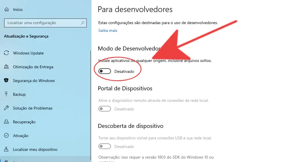 seleção sobre a chave de Modo de desenvolvedor