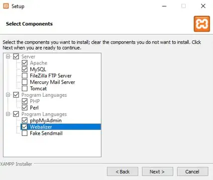 Selecionando os aplicativos a serem instalados no Xampp.