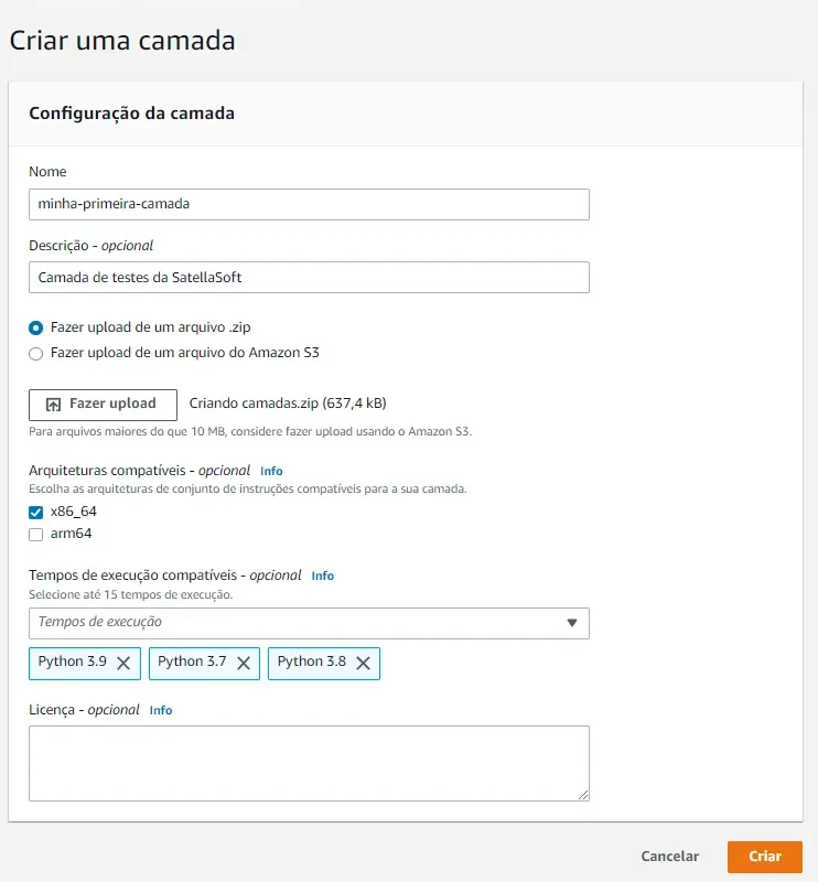Criando uma nova Camada na AWS Lambda.