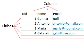 Linhas e colunas de uma tabela no banco de dados.