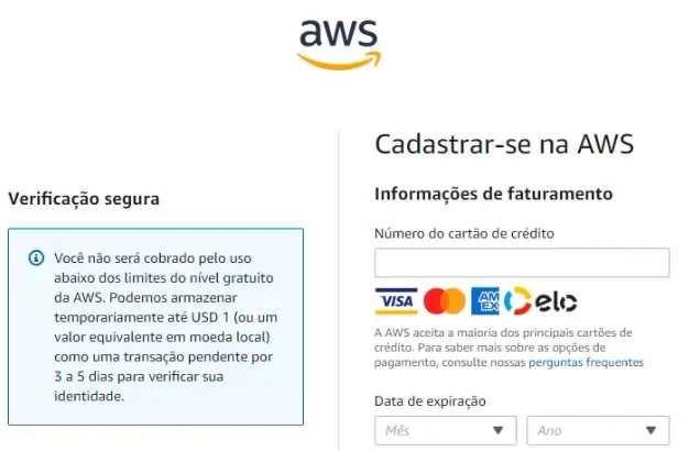 Inserindo os dados de cartão de crédito para validar e criar a sua conta