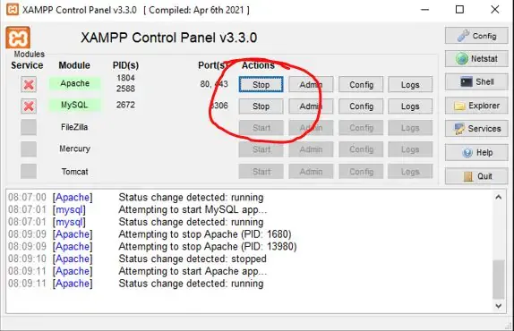 Iniciando o Apache e o MySQL/MariaDB.