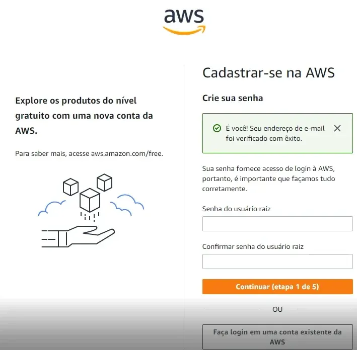 Insira e confirme a sua senha para criar uma conta