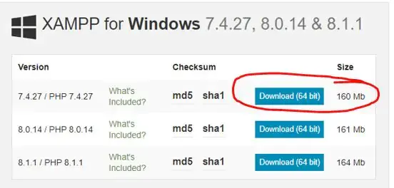 Baixando uma versão antiga do Xampp.
