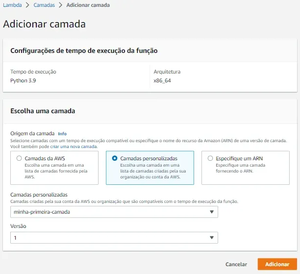 Associando uma camada a uma função Lambda.